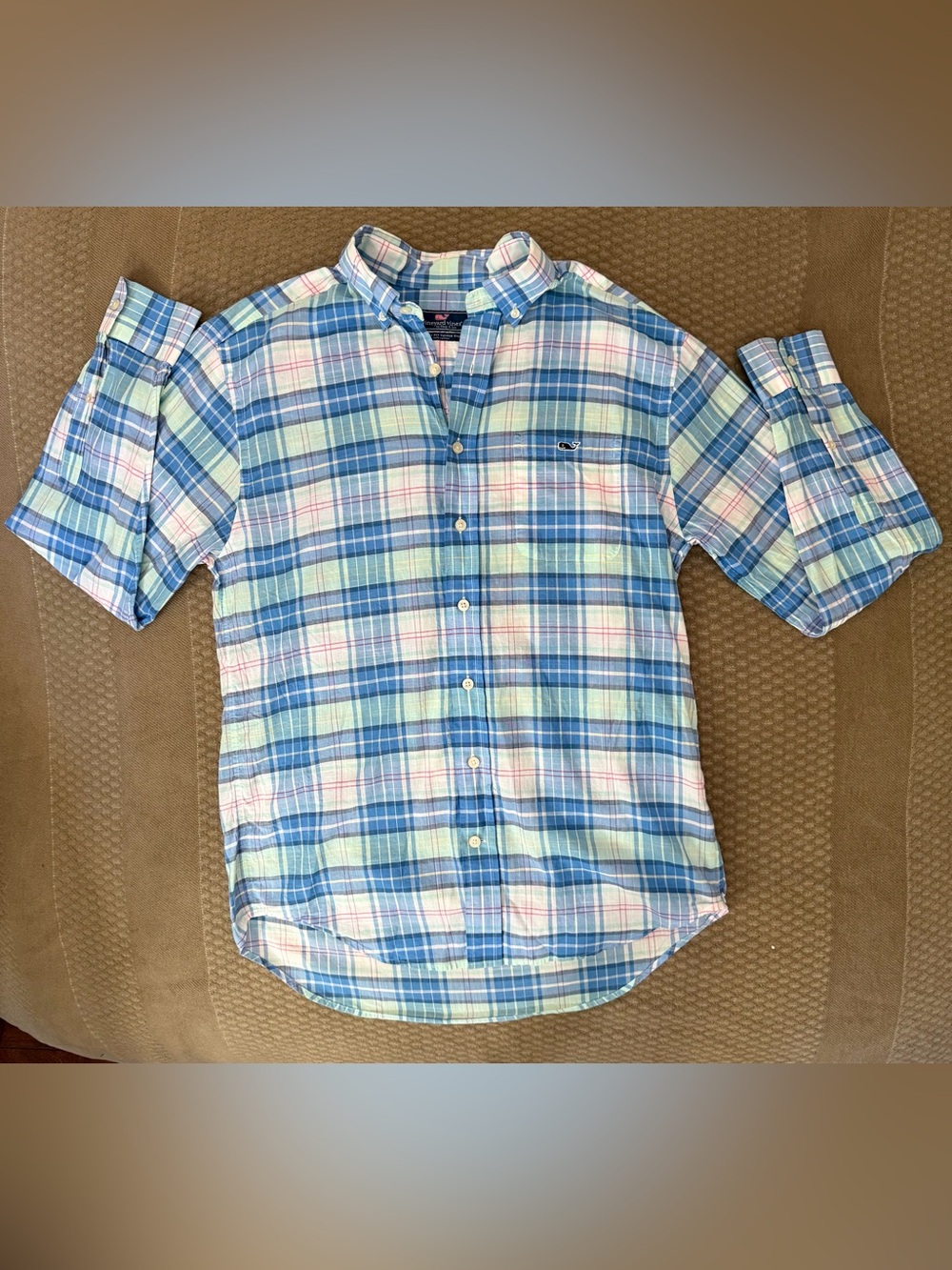 Vineyard Vines Blue and Mint Plaid Button-Up Shirt
